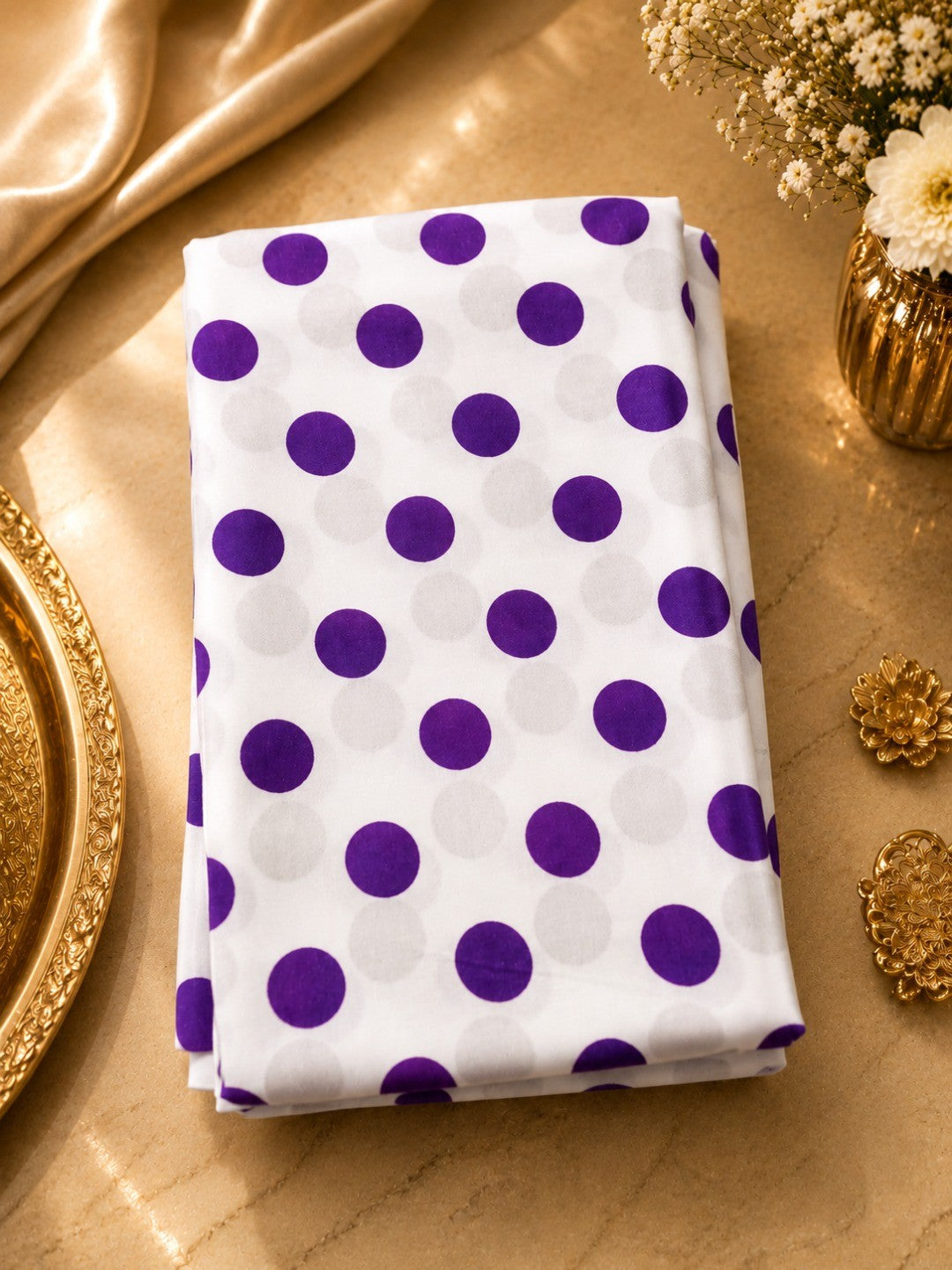 Classic Purple & White Polka Printed Silk Crepe Saree Featuring Striped Pallu Design - Image 4