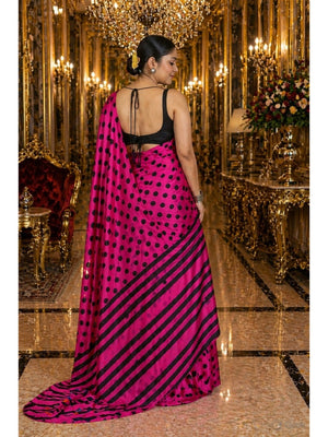 Classic Magenta Polka Printed Silk Crepe Saree Featuring Striped Pallu Design - Image 2
