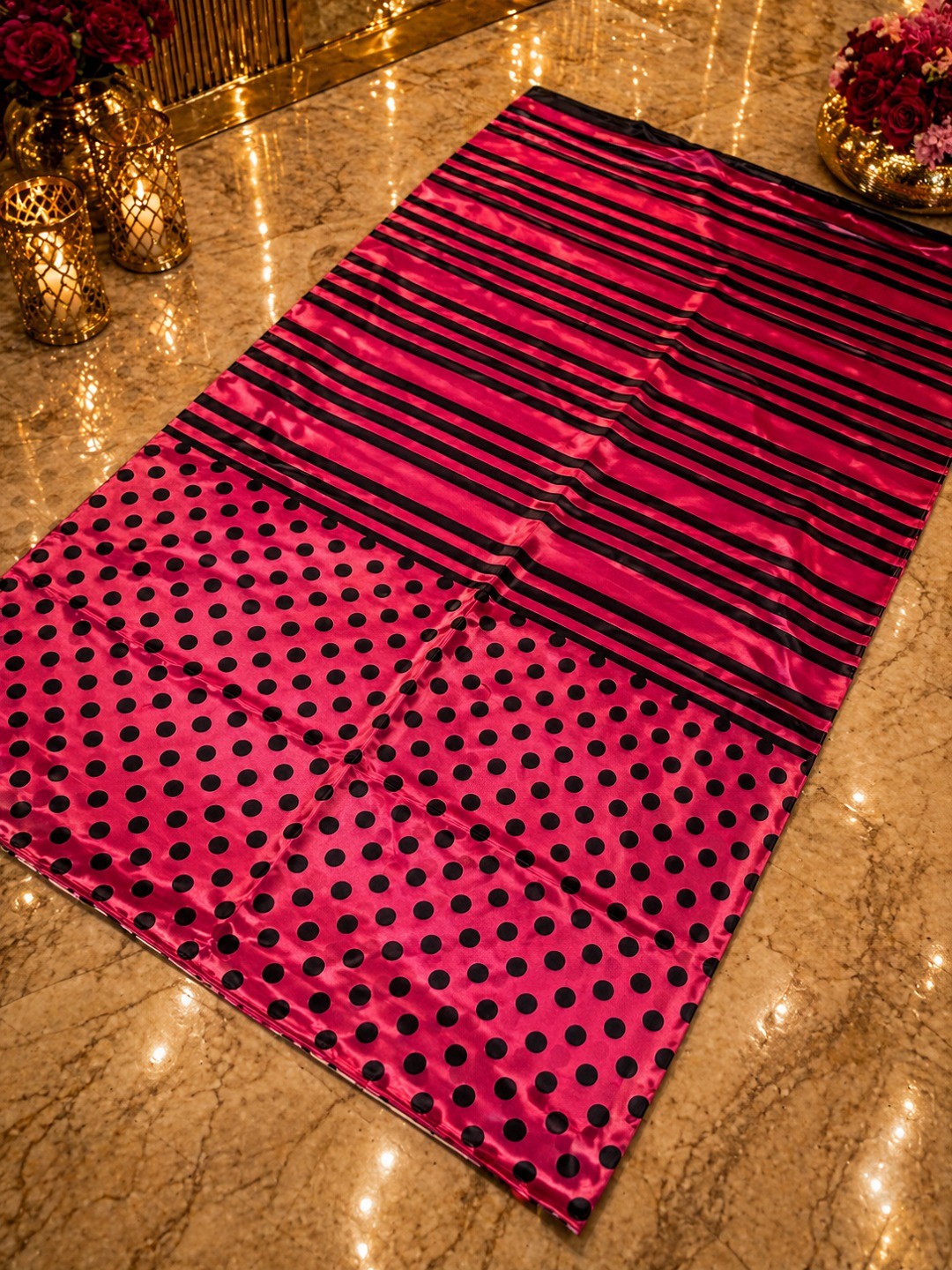 Classic Magenta Polka Printed Silk Crepe Saree Featuring Striped Pallu Design - Image 6