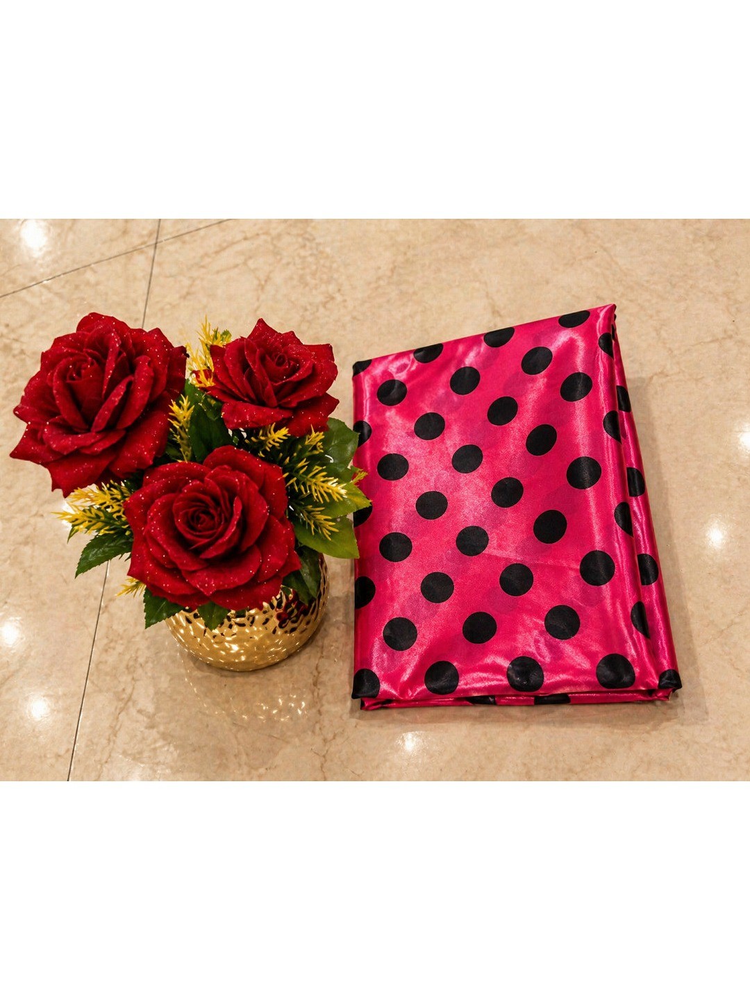 Classic Magenta Polka Printed Silk Crepe Saree Featuring Striped Pallu Design - Image 7