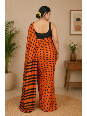 Classic Orange Polka Printed Silk Crepe Saree Featuring Striped Pallu Design - Image 2