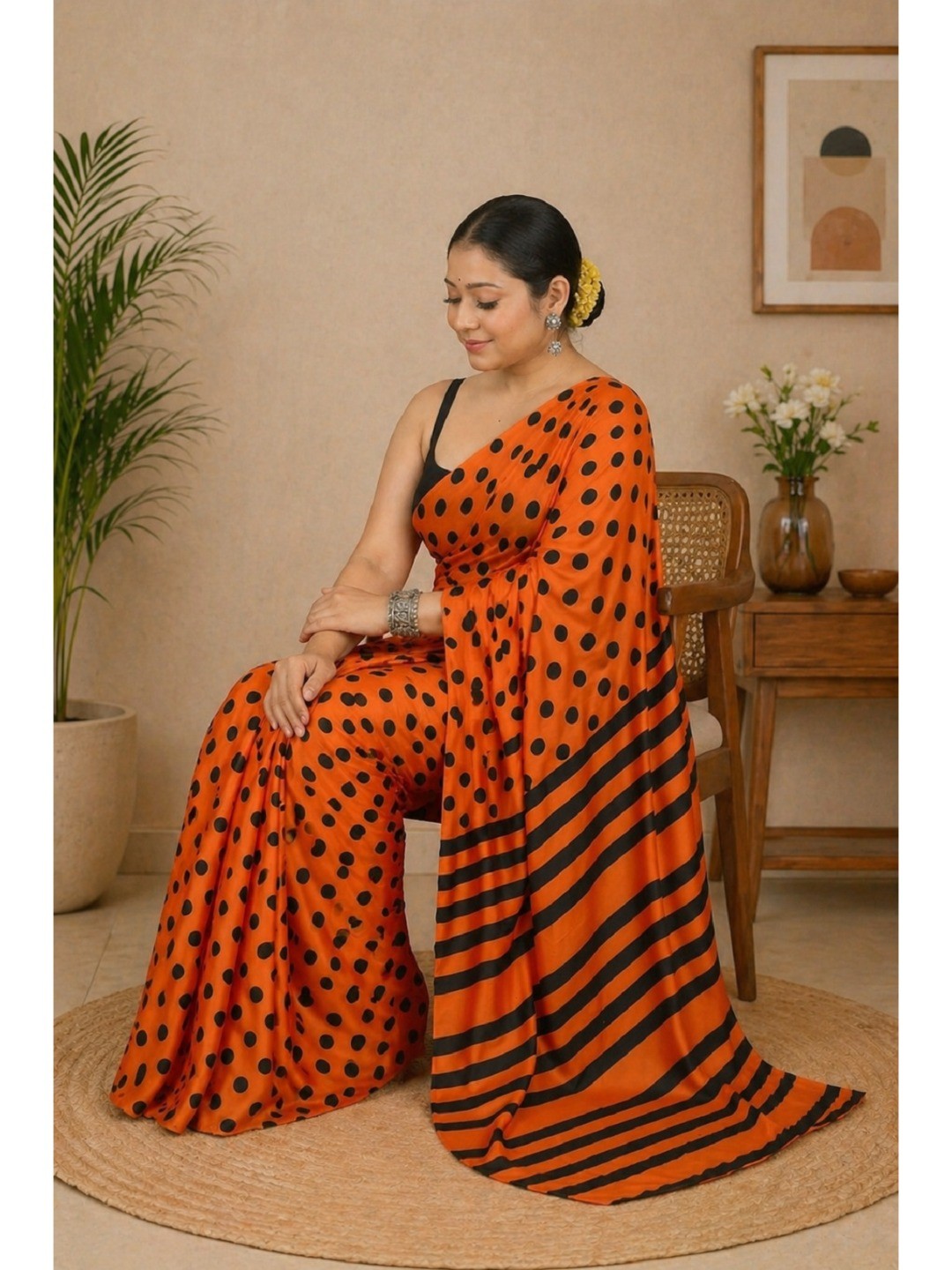 Classic Orange Polka Printed Silk Crepe Saree Featuring Striped Pallu Design - Image 4