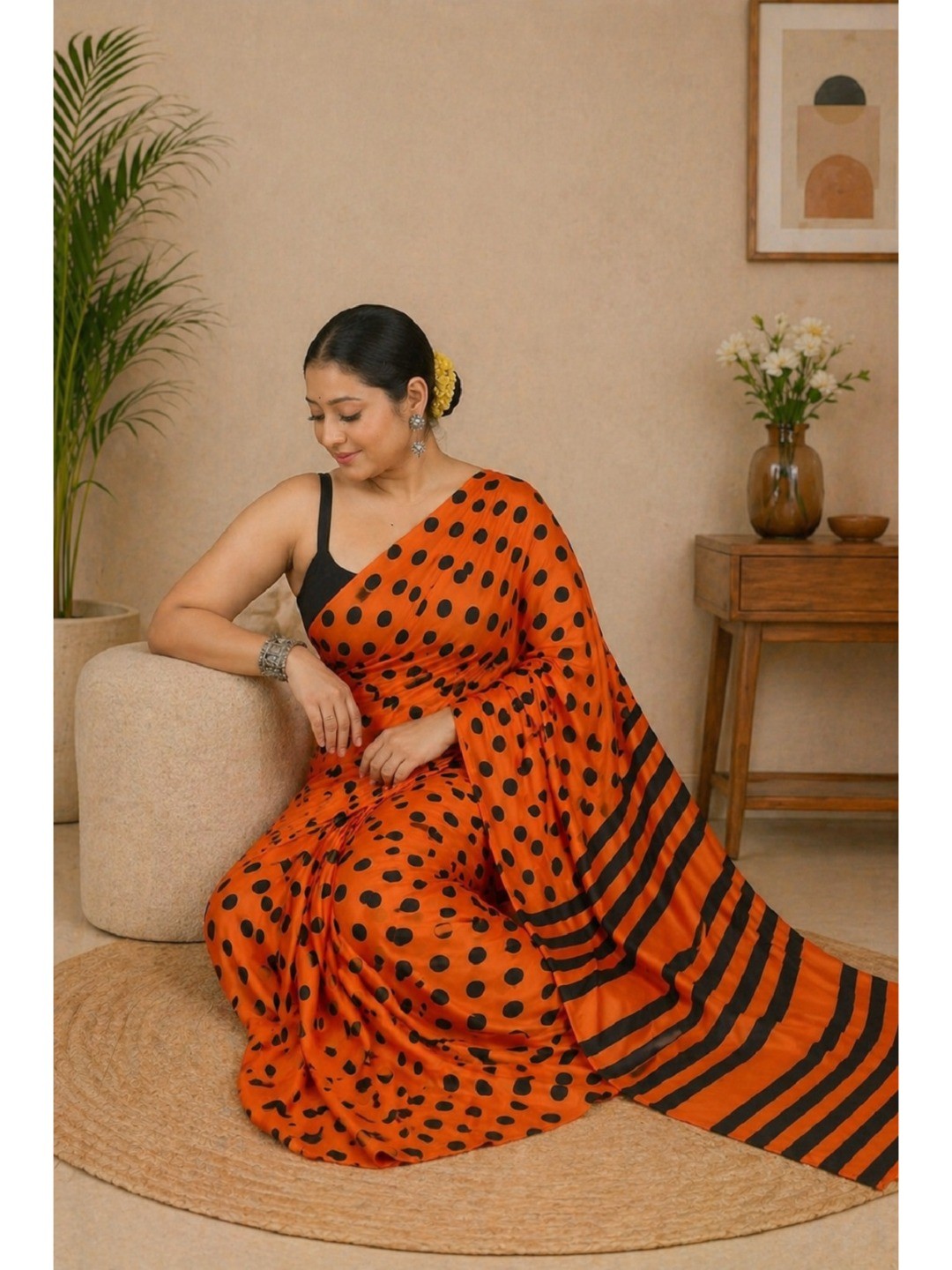 Classic Orange Polka Printed Silk Crepe Saree Featuring Striped Pallu Design - Image 5