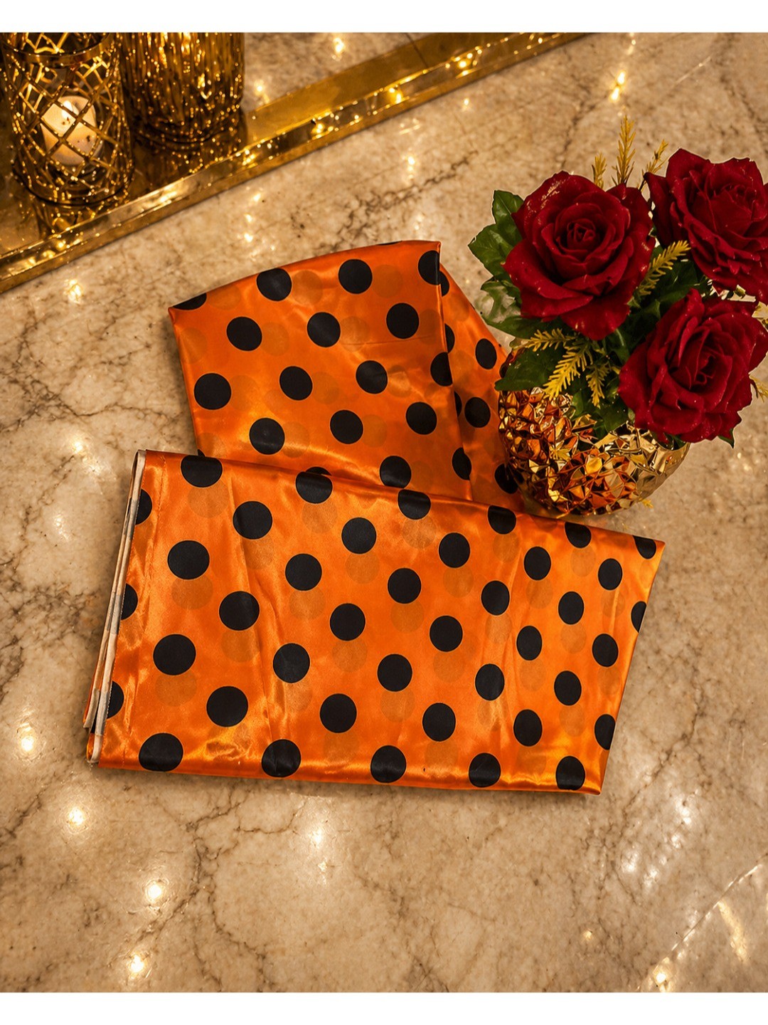 Classic Orange Polka Printed Silk Crepe Saree Featuring Striped Pallu Design - Image 7