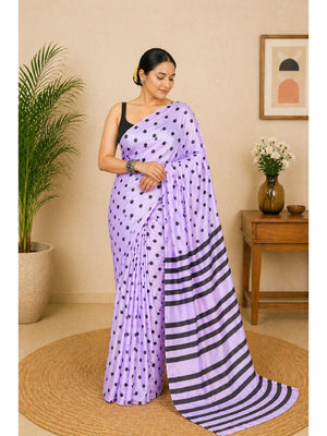Classic Lavender Polka Printed Silk Crepe Saree Featuring Striped Pallu Design - Image 1