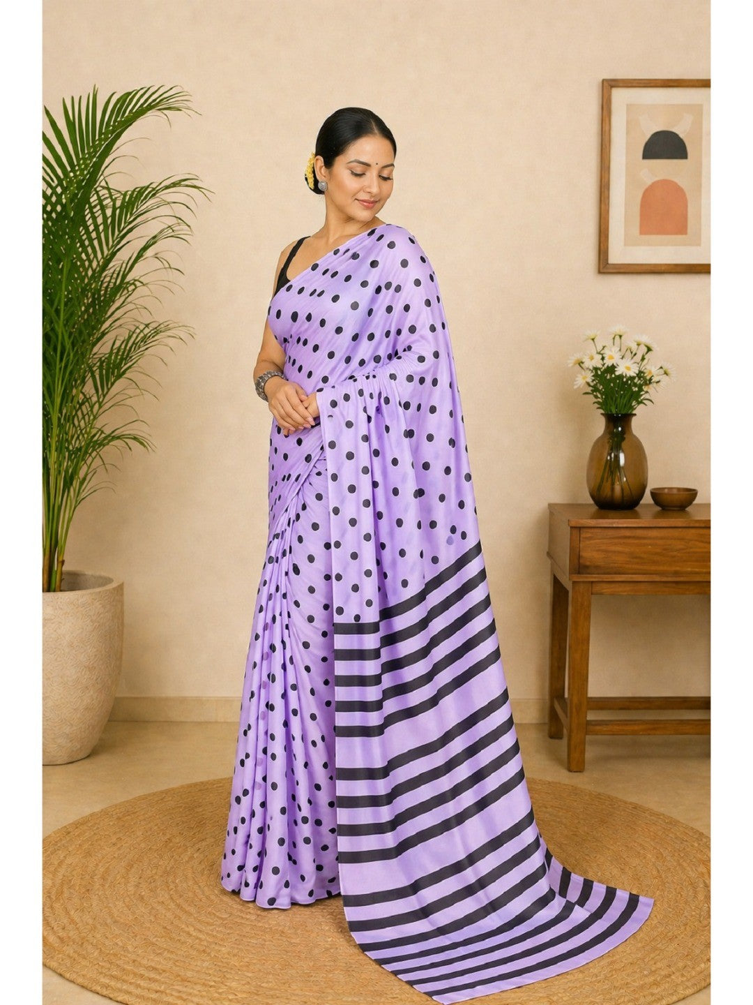 Classic Lavender Polka Printed Silk Crepe Saree Featuring Striped Pallu Design - Image 4