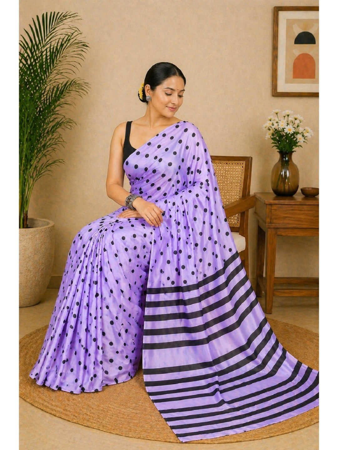 Classic Lavender Polka Printed Silk Crepe Saree Featuring Striped Pallu Design - Image 5