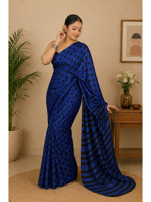 Classic Blue Polka Printed Silk Crepe Saree Featuring Striped Pallu Design - Image 1