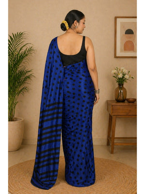 Classic Blue Polka Printed Silk Crepe Saree Featuring Striped Pallu Design - Image 2