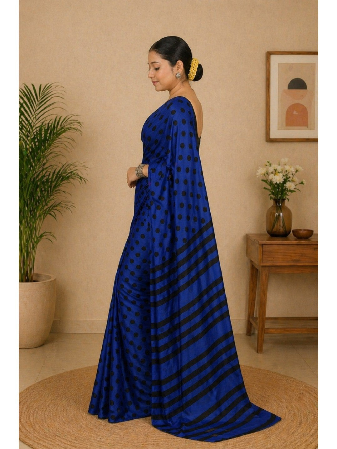 Classic Blue Polka Printed Silk Crepe Saree Featuring Striped Pallu Design - Image 3