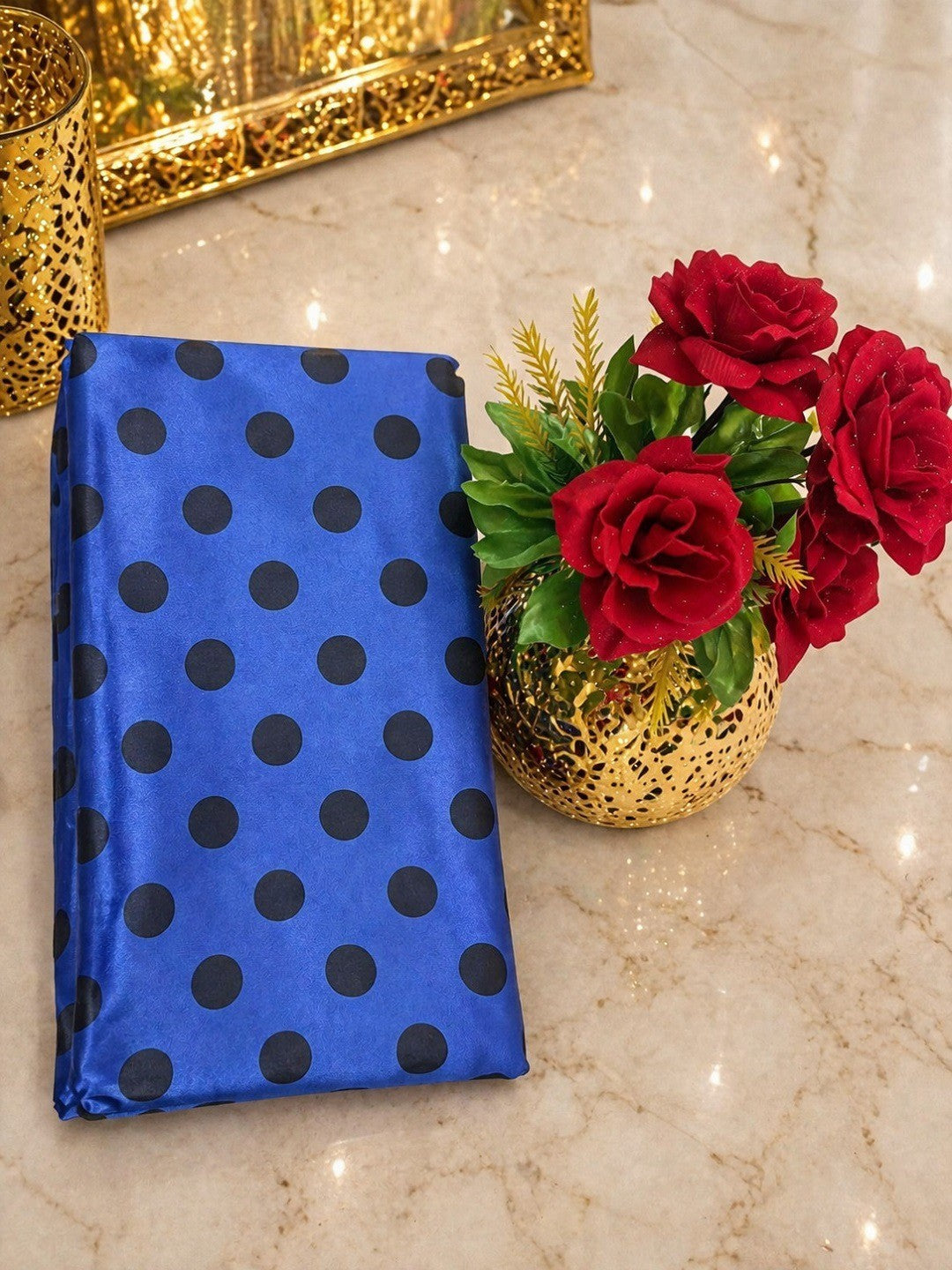 Classic Blue Polka Printed Silk Crepe Saree Featuring Striped Pallu Design - Image 6