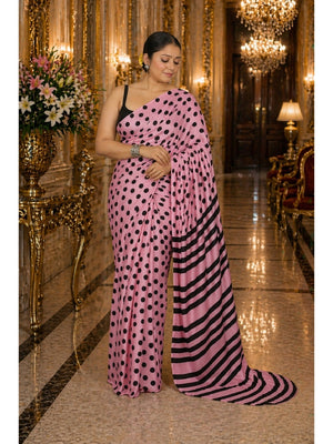 Classic Pink Polka Printed Silk Crepe Saree Featuring Striped Pallu Design - Image 1