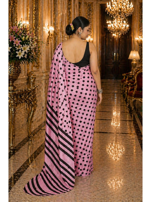 Classic Pink Polka Printed Silk Crepe Saree Featuring Striped Pallu Design - Image 2
