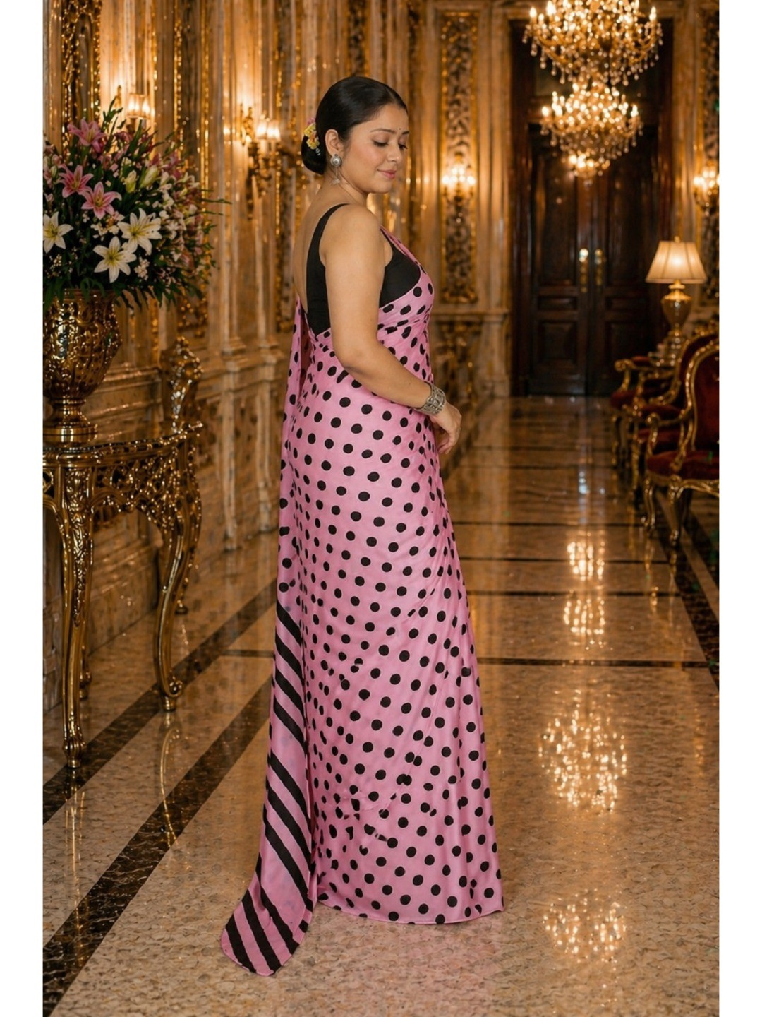 Classic Pink Polka Printed Silk Crepe Saree Featuring Striped Pallu Design - Image 3
