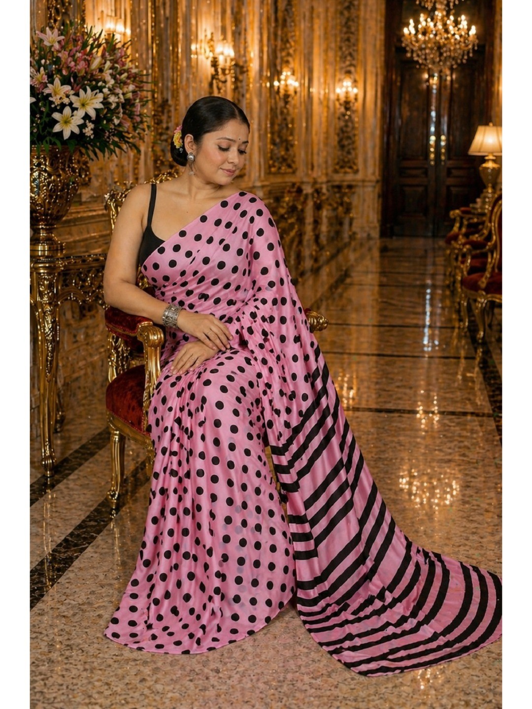 Classic Pink Polka Printed Silk Crepe Saree Featuring Striped Pallu Design - Image 4