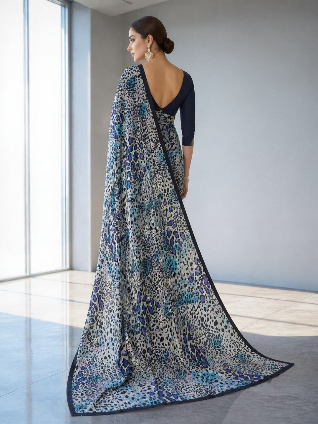 Wild Aura Off White Satin Saree with Bold Leopard Digital Print - Image 2