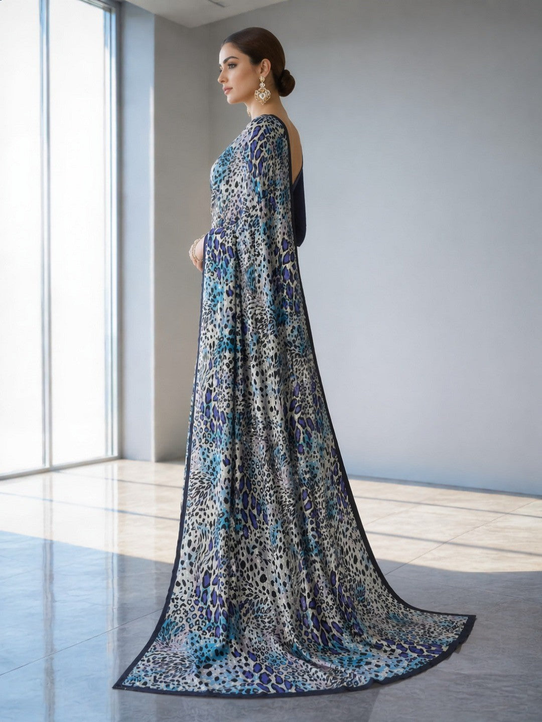 Wild Aura Off White Satin Saree with Bold Leopard Digital Print - Image 3