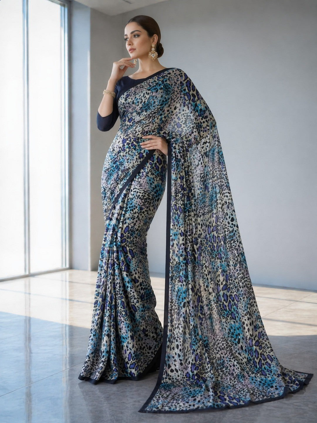 Wild Aura Off White Satin Saree with Bold Leopard Digital Print - Image 1