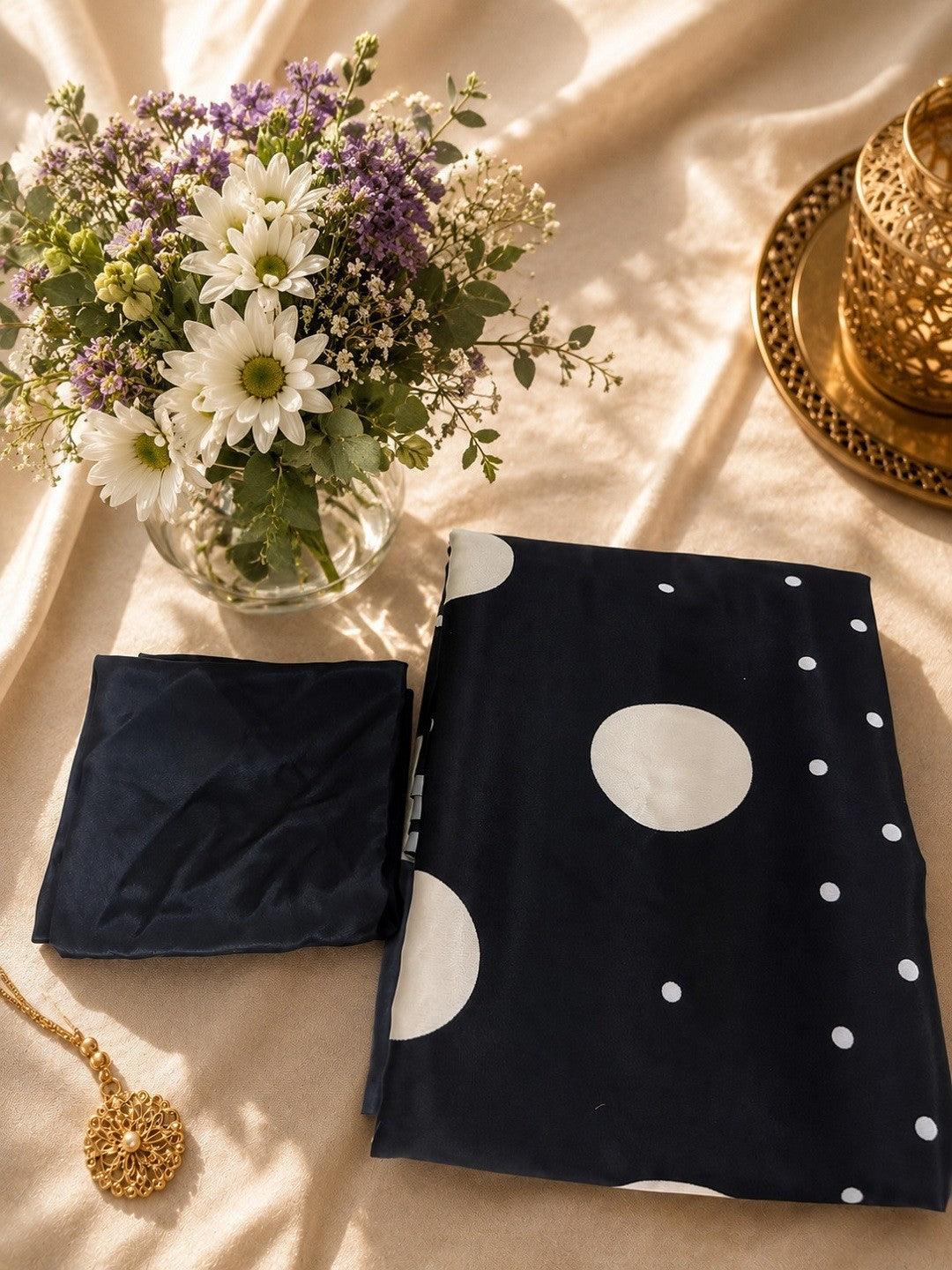 Sophisticated Black Polka Pattern Digital Printed Satin Saree With Premium Work - Image 7