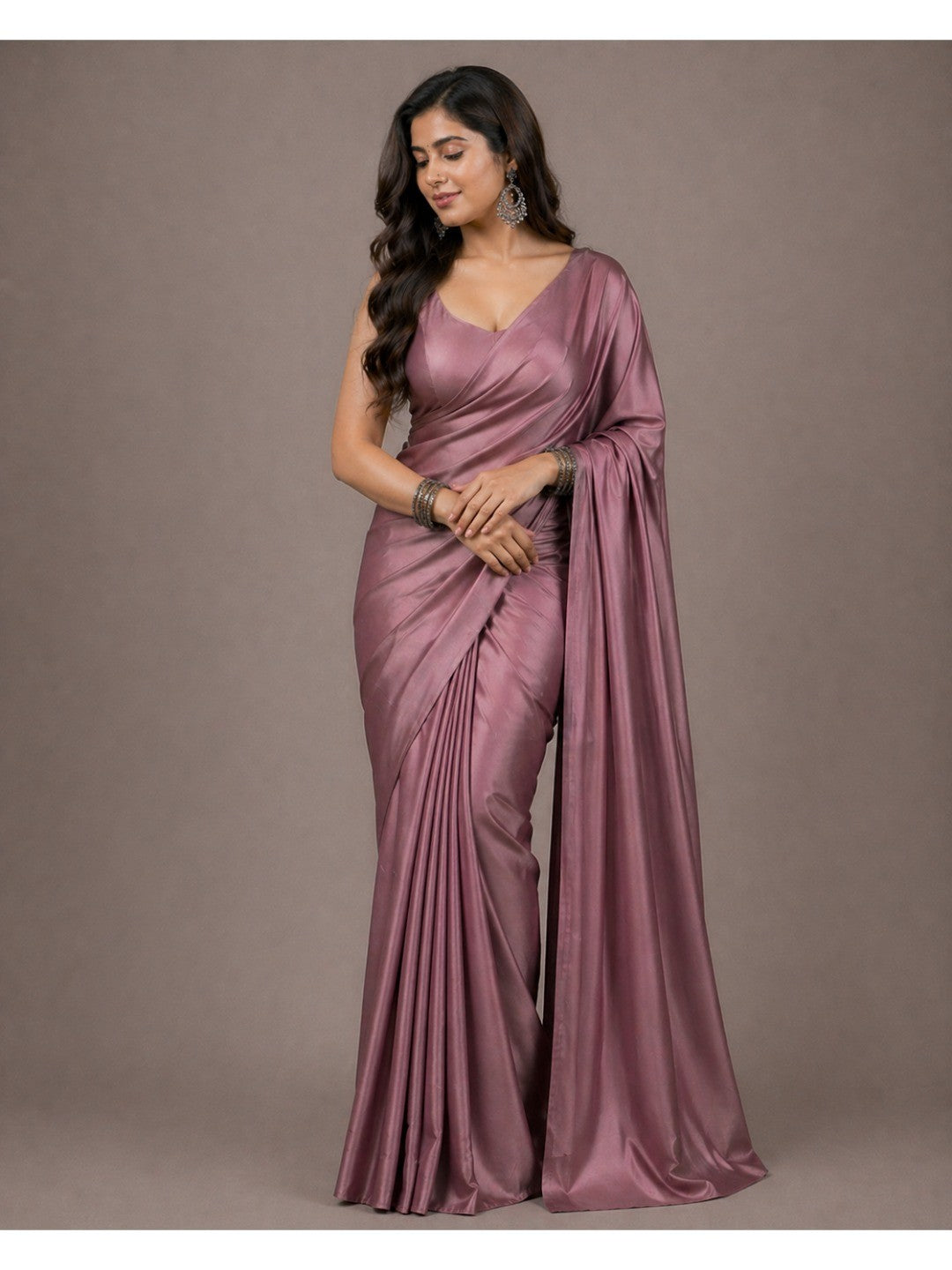 Elegant Mauve Solid Japan Satin Saree With Luxurious Finish - Image 1