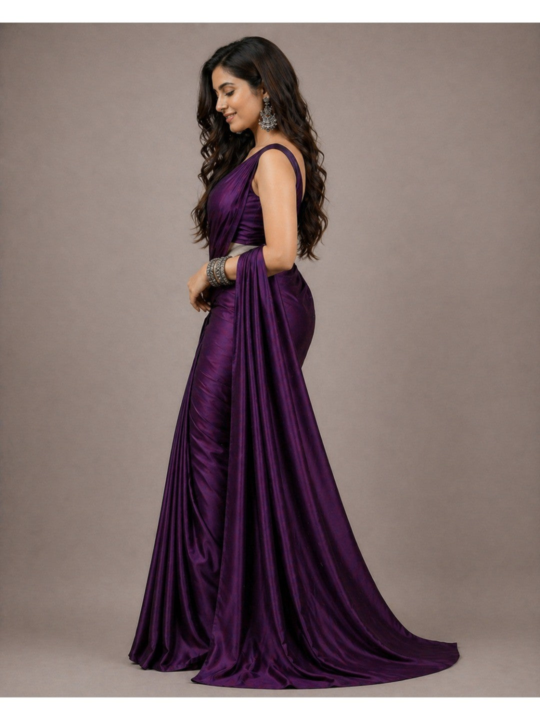 Elegant Purple Solid Japan Satin Saree With Luxurious Finish - Image 3