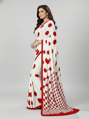 Fashionable Red & White Polka Dot Printed Party Wear Crepe Silk Saree - Image 2
