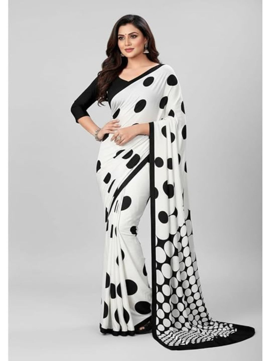 Fashionable Black & White Polka Dot Printed Party Wear Crepe Silk Saree - Image 1