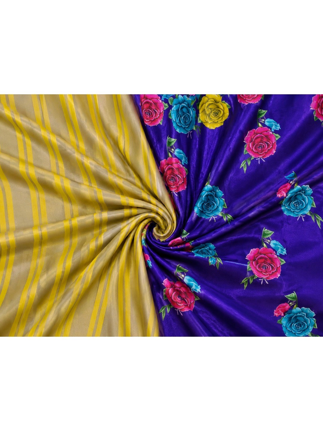 Blue Floral Printed Crepe Saree with Yellow Border - Image 2