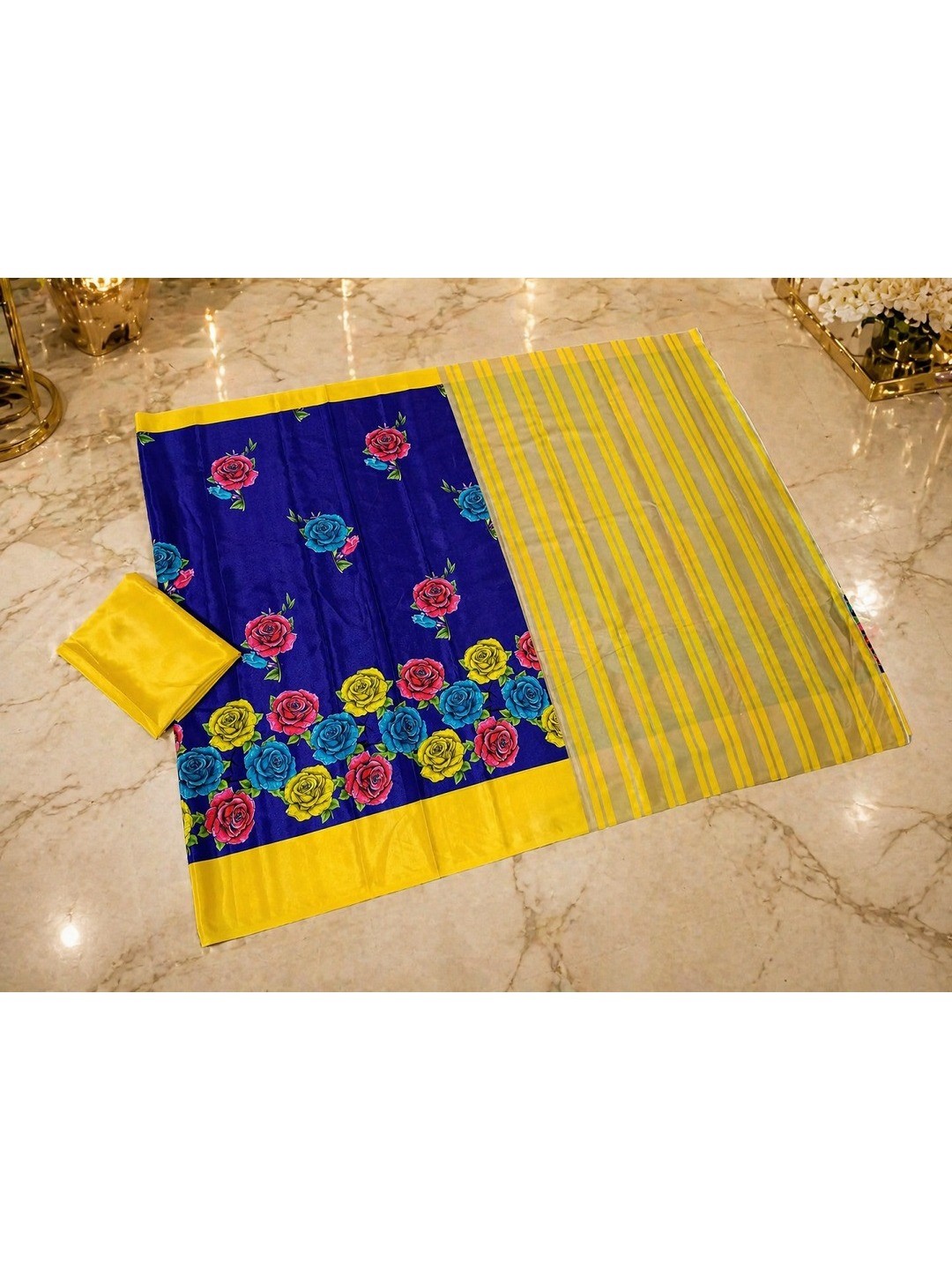 Blue Floral Printed Crepe Saree with Yellow Border - Image 3
