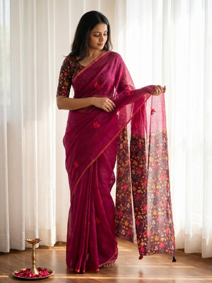 Pink Floral Printed Linen Lightweight Saree Elegant Everyday Ethnic Wear - Image 1