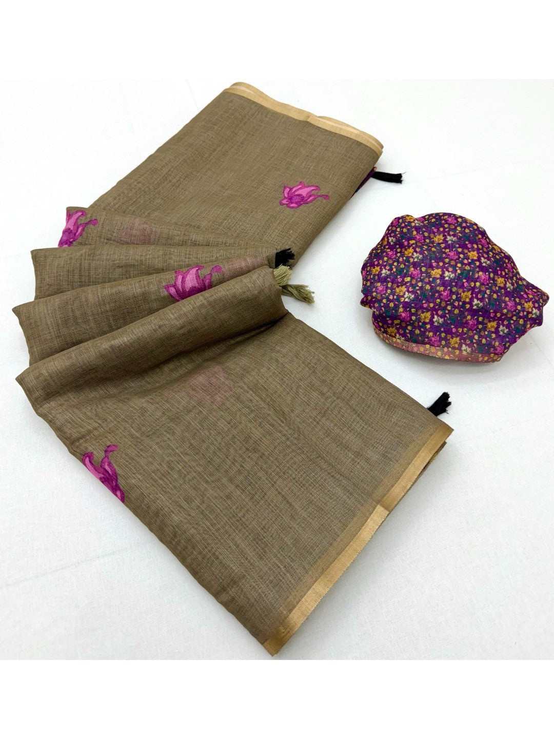 Chikoo Floral Printed Linen Lightweight Saree Elegant Everyday Ethnic Wear - Image 3