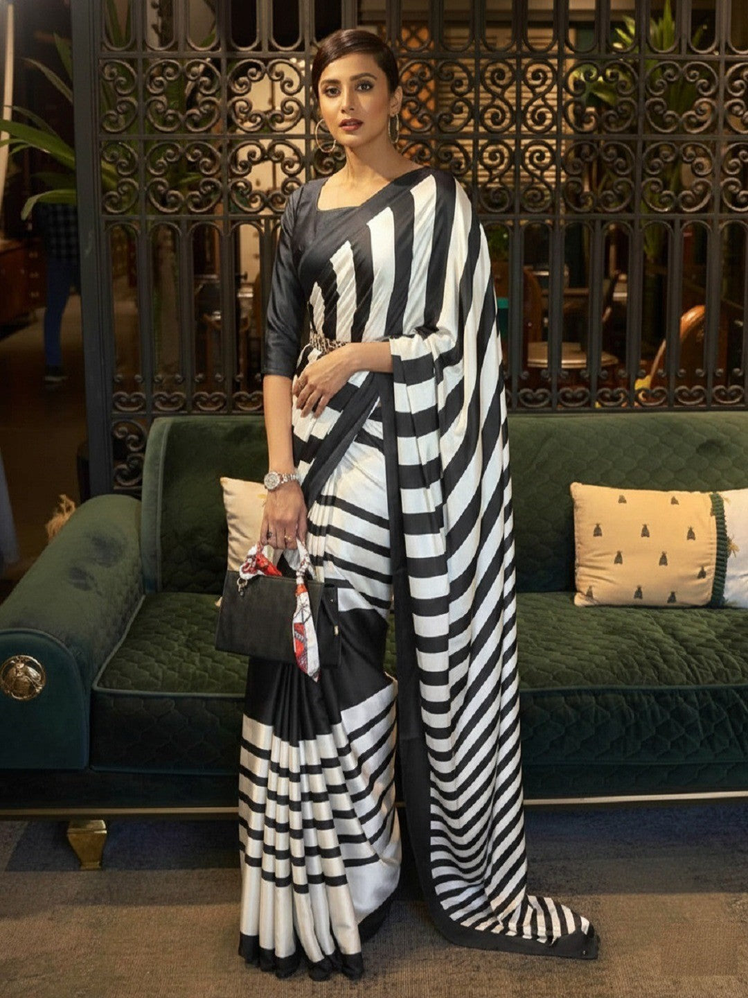 Black and White Striped Crepe Saree for Modern Ethnic Look - Image 1