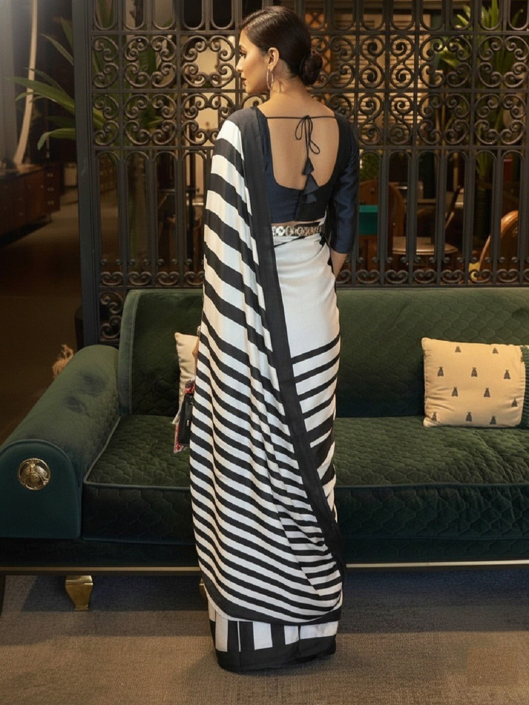 Black and White Striped Crepe Saree for Modern Ethnic Look - Image 2