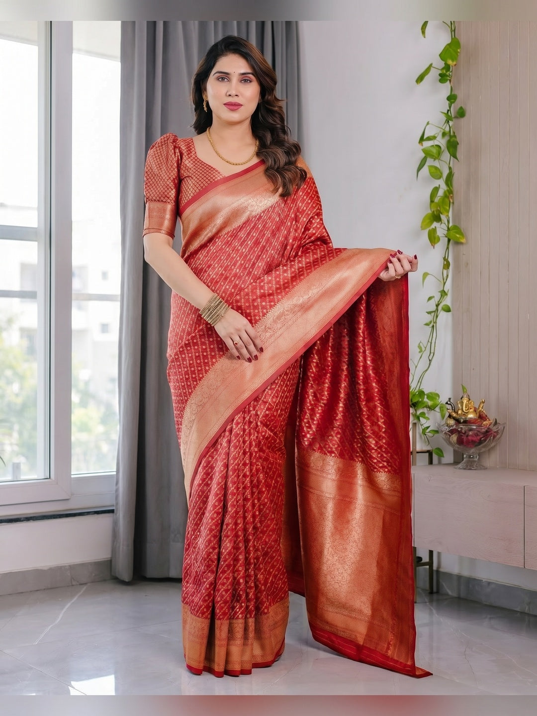 Peachmode Red Soft Lichi Silk Saree with Zari Woven Border - Image 1