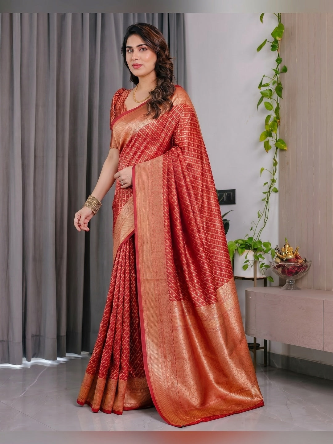 Peachmode Red Soft Lichi Silk Saree with Zari Woven Border - Image 2