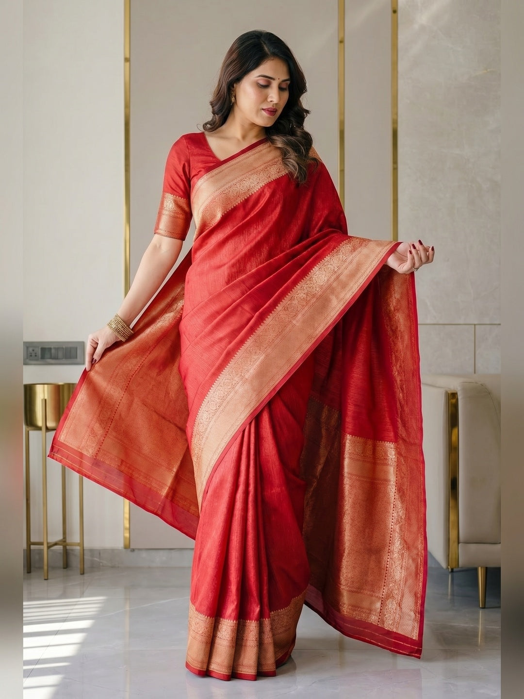 Peachmode Red Soft Lichi Silk Saree with Zari Woven Border - Image 3
