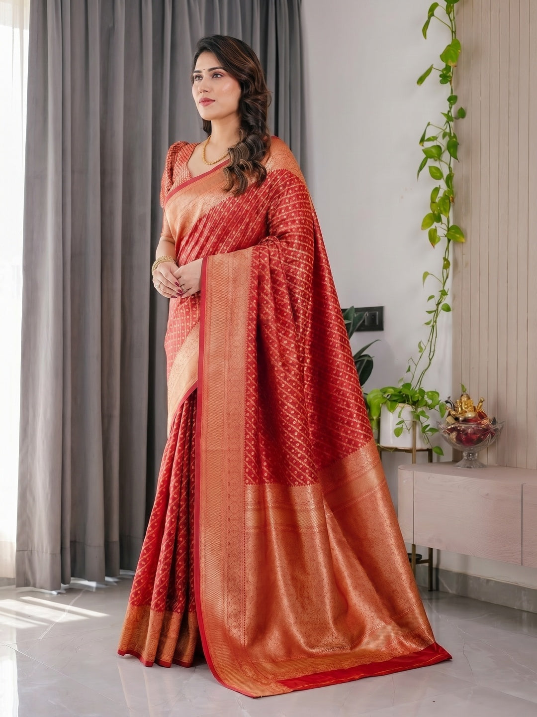 Peachmode Red Soft Lichi Silk Saree with Zari Woven Border - Image 4