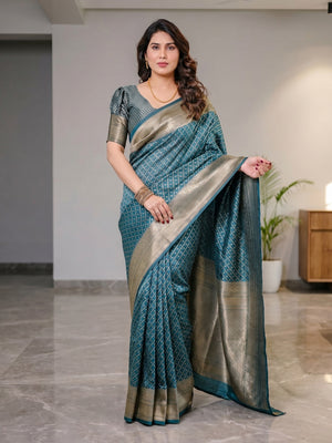 Peachmode Rama Blue Soft Lichi Silk Saree with Zari Woven Border - Image 1
