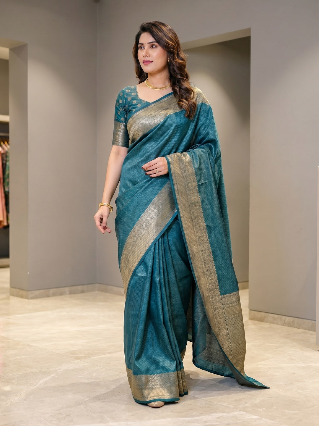 Peachmode Rama Blue Soft Lichi Silk Saree with Zari Woven Border - Image 2