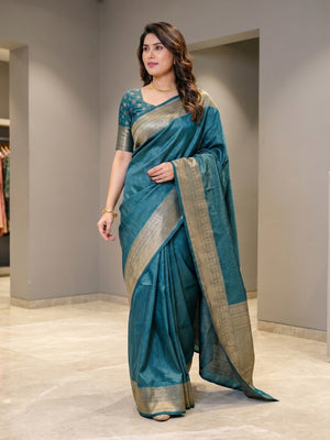 Peachmode Rama Blue Soft Lichi Silk Saree with Zari Woven Border - Image 2