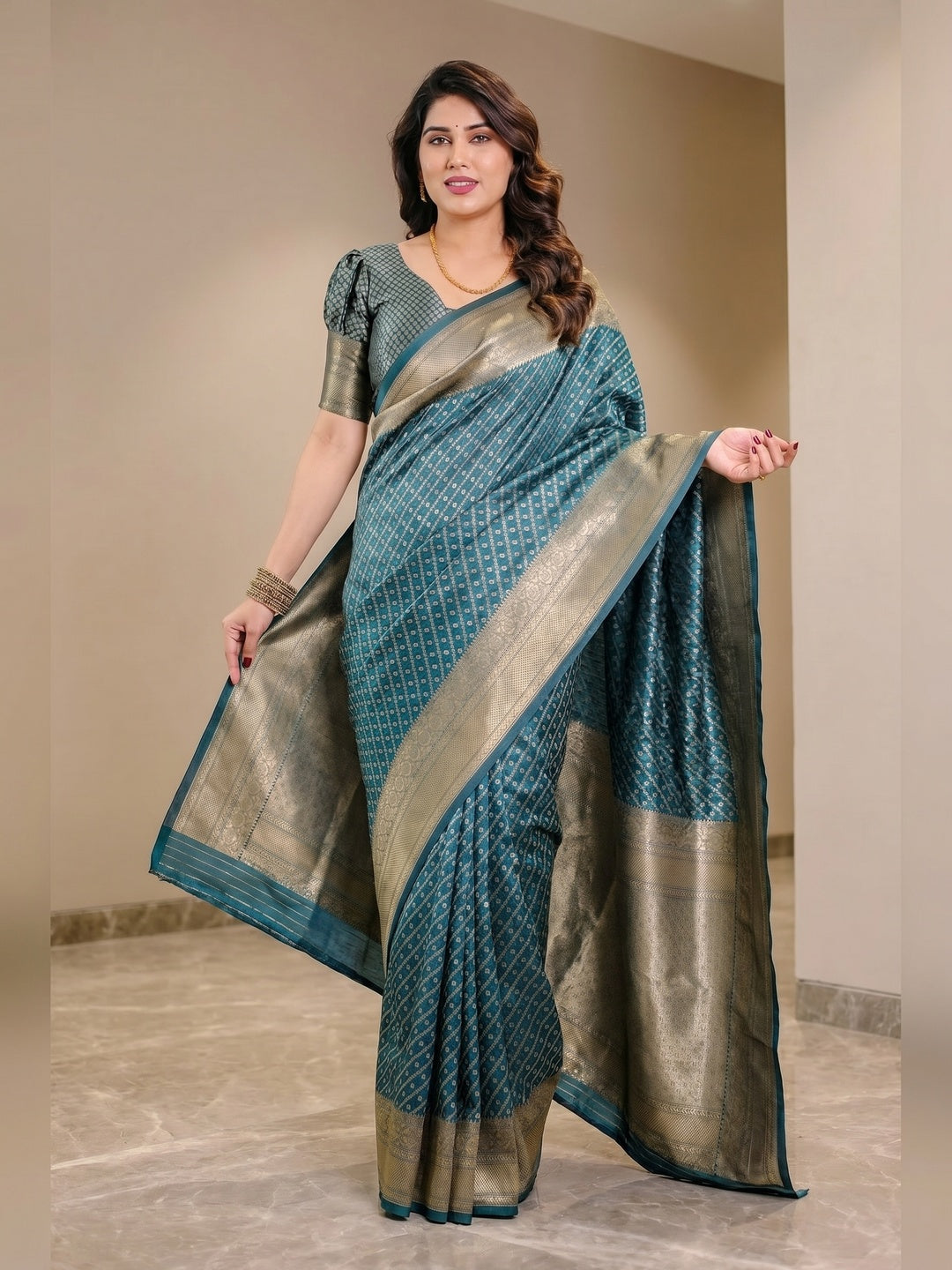 Peachmode Rama Blue Soft Lichi Silk Saree with Zari Woven Border - Image 3