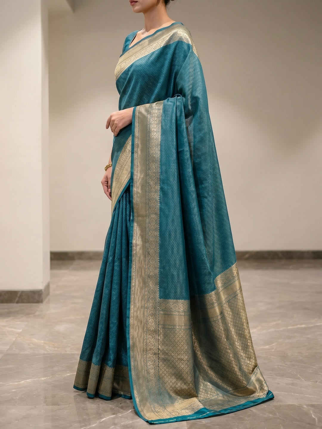 Peachmode Rama Blue Soft Lichi Silk Saree with Zari Woven Border - Image 4