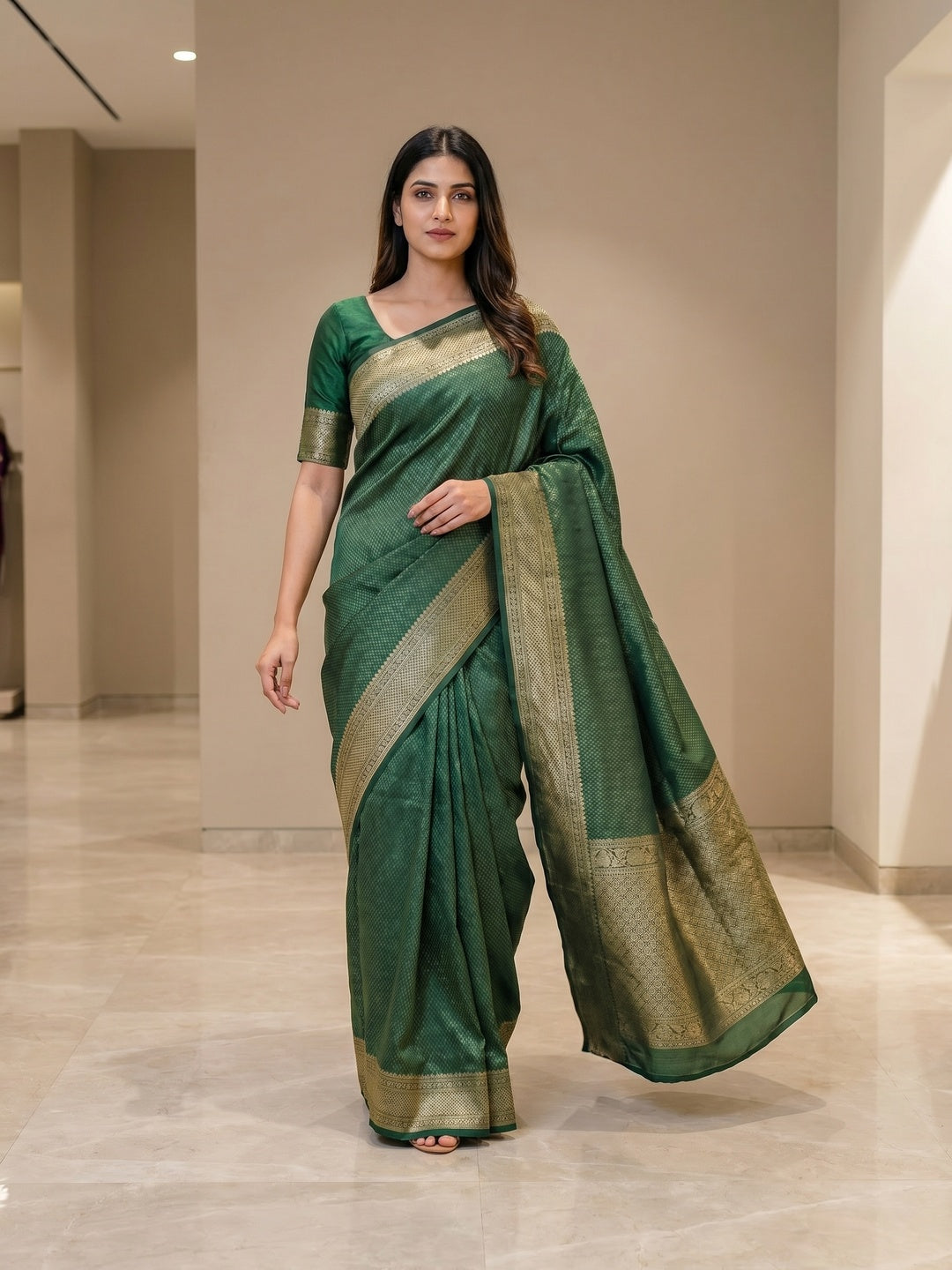 Peachmode Green Soft Lichi Silk Saree with Zari Woven Border - Image 2