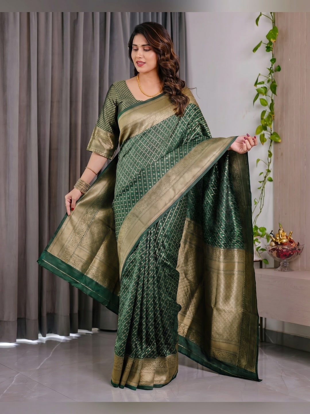 Peachmode Green Soft Lichi Silk Saree with Zari Woven Border - Image 3