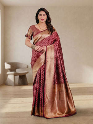 Peachmode Maroon Soft Lichi Silk Saree with Zari Woven Border - Image 1