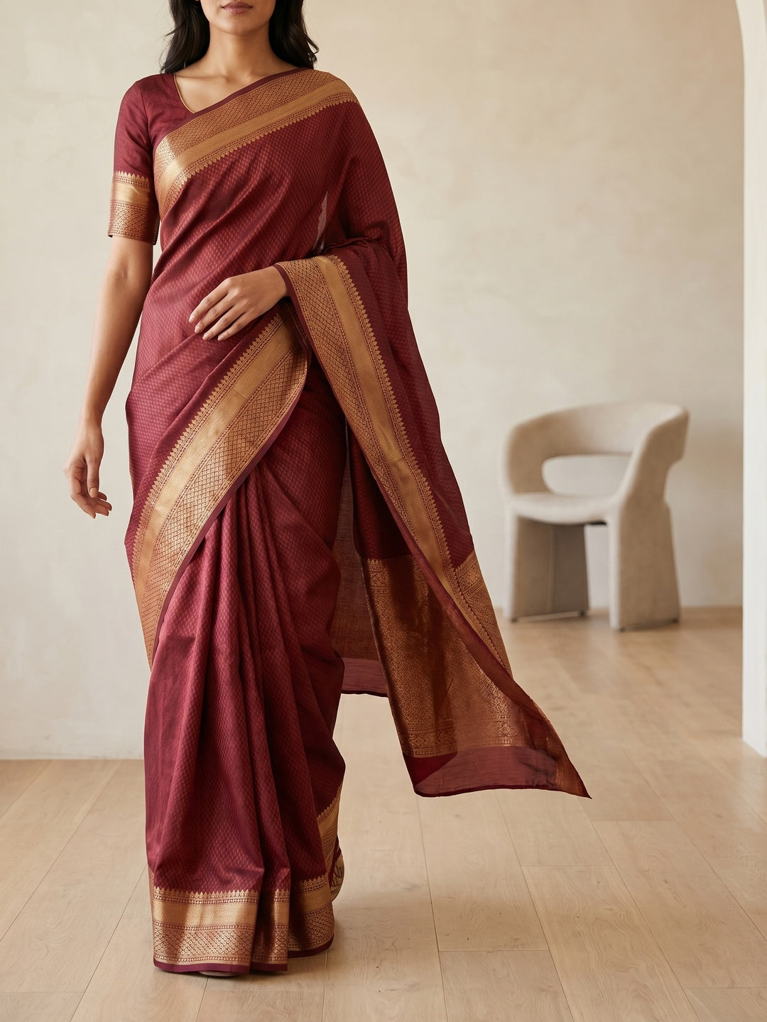 Peachmode Maroon Soft Lichi Silk Saree with Zari Woven Border - Image 2