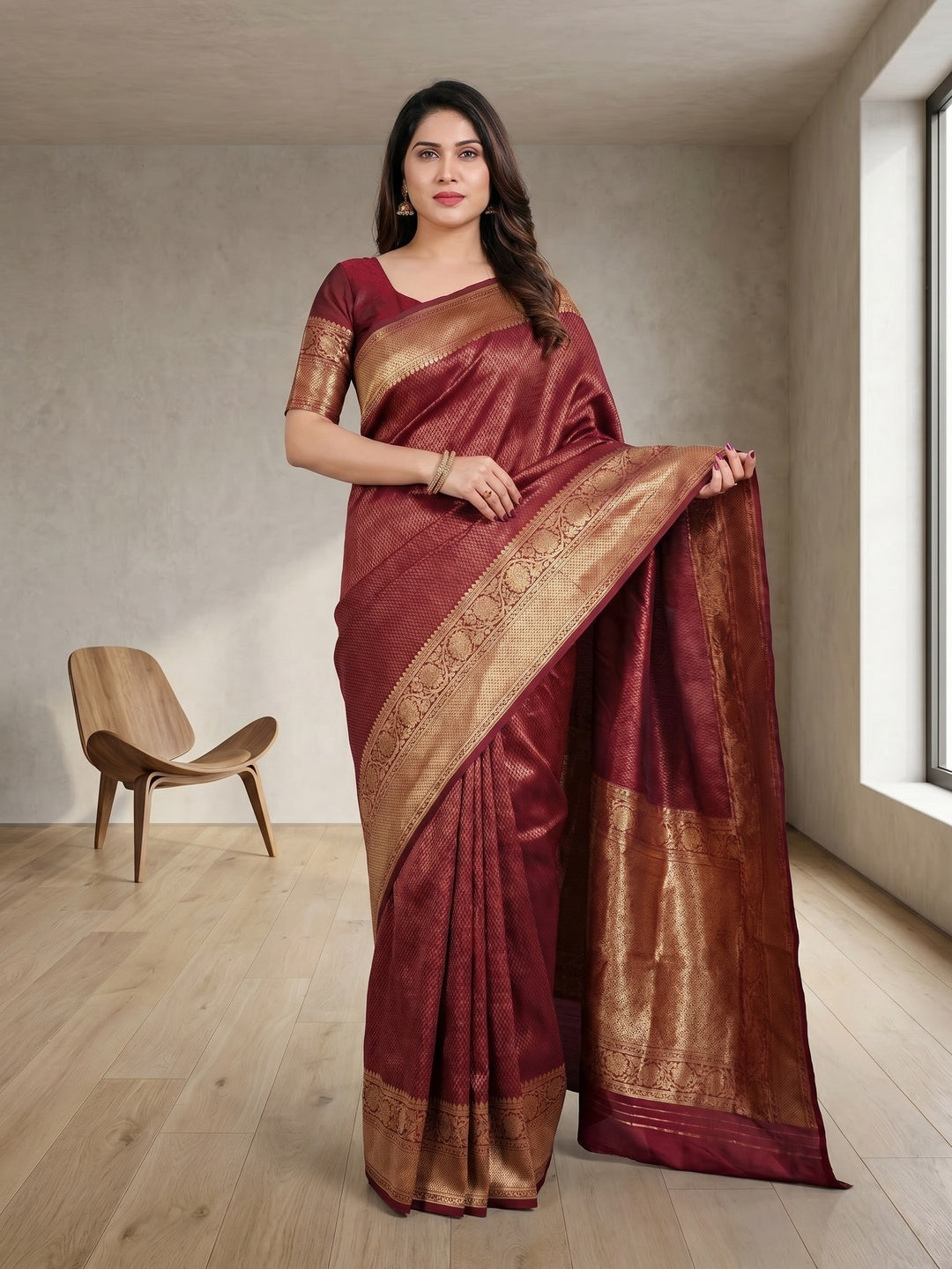 Peachmode Maroon Soft Lichi Silk Saree with Zari Woven Border - Image 3