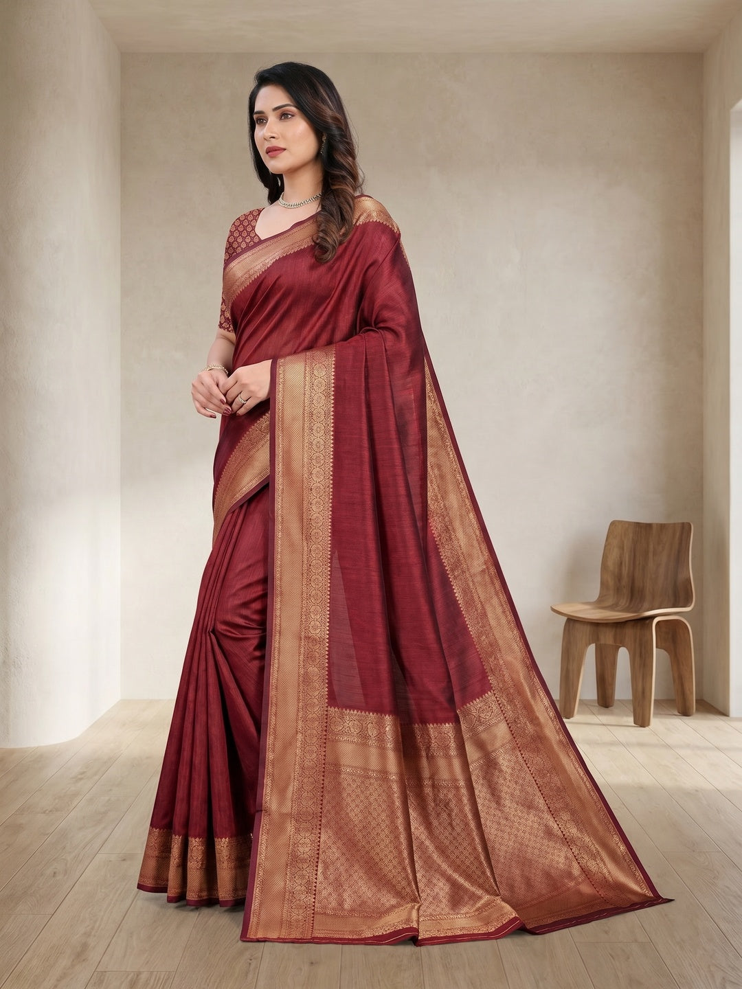 Peachmode Maroon Soft Lichi Silk Saree with Zari Woven Border - Image 4