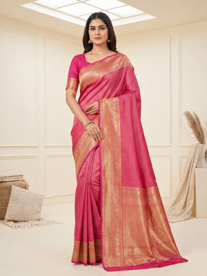 Peachmode Pink Soft Lichi Silk Saree with Zari Woven Border - Image 1