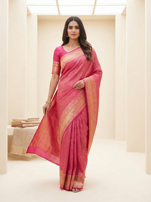 Peachmode Pink Soft Lichi Silk Saree with Zari Woven Border - Image 2